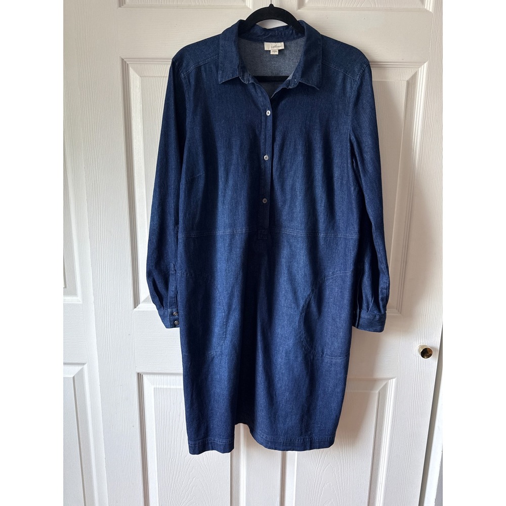 J. Jill Denim Shirt Dress Women Large Blue Roll Tab Sleeve Pockets Lagenlook